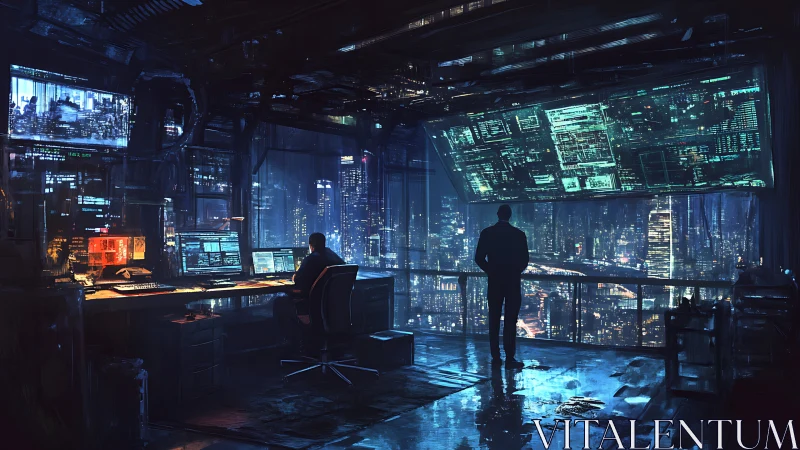 Midnight coders in a neon-lit city overlook their next move.