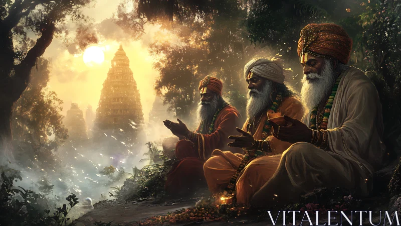 Mystic sages in forest temple sunrise meditation scene.