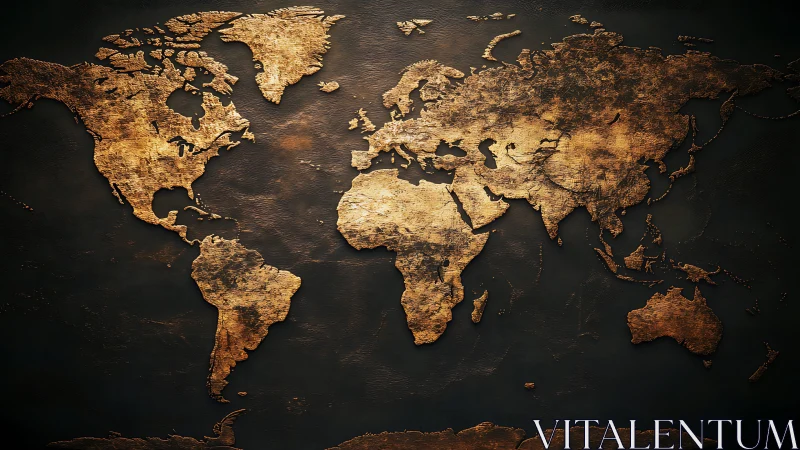 Golden world map on dark wall inviting quiet wanderlust.