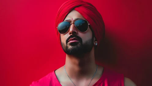 Stylized portrait of turbaned man with sunglasses on red wall