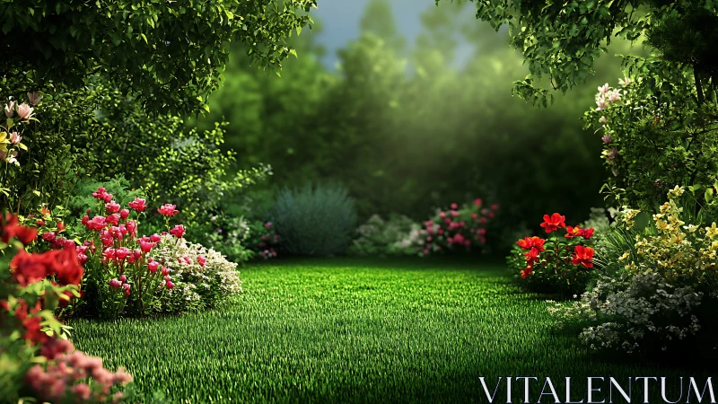 Lush flower garden opens onto serene sunlit green lawn.