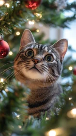 Feline ocular focus amid specular holiday bokeh field.
