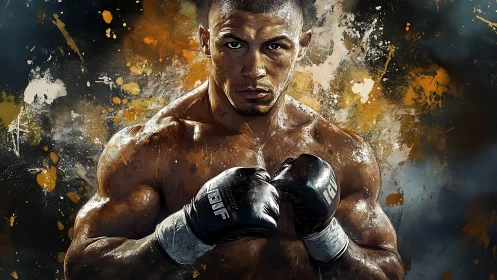 Athlete in boxing stance with black gloves and muscular physique.
