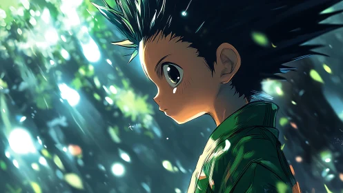 Backlit anime boy in bokeh forest with atmospheric lighting.