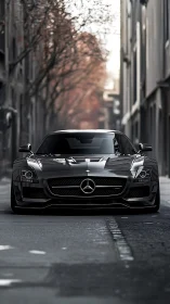 Black Mercedes sports car stands centered in narrow city street