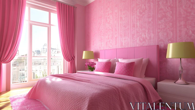 Sunlit pink bedroom embraces city views with cozy elegance