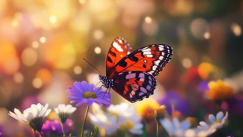 Radiant orange butterfly resting amid dreamy spring blooms.