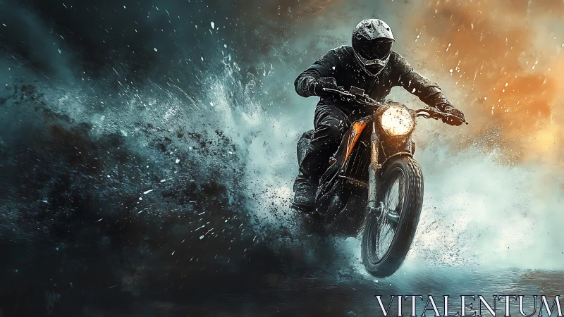 Motorcyclist charges through spray in a cinematic night storm