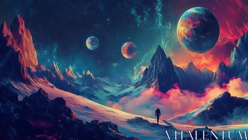 Cosmic wanderer crossing neon mountains under alien skies.