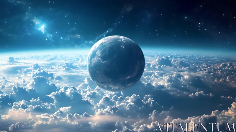 Spherical celestial body is rendered above extensive cloud layer