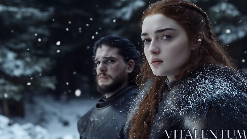 Snowbound heirs stare down destiny in a frozen forest hush.