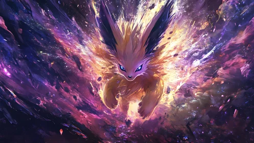 Electrified vulpine burst through chromatic nebular shockwave.