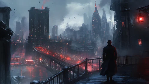 Noir-clad figure surveys neon bridge in dense smog-choked megacity