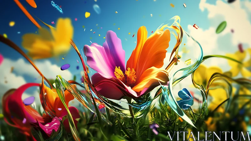 Vibrant flowers rendered with translucent petals against blue sky background.