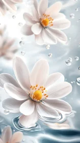 White Anemone Flowers Floating Aquatic Droplets Dynamic Surreal Composite