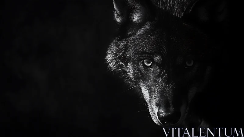 Midnight wolf gaze carving silver fire from the dark.