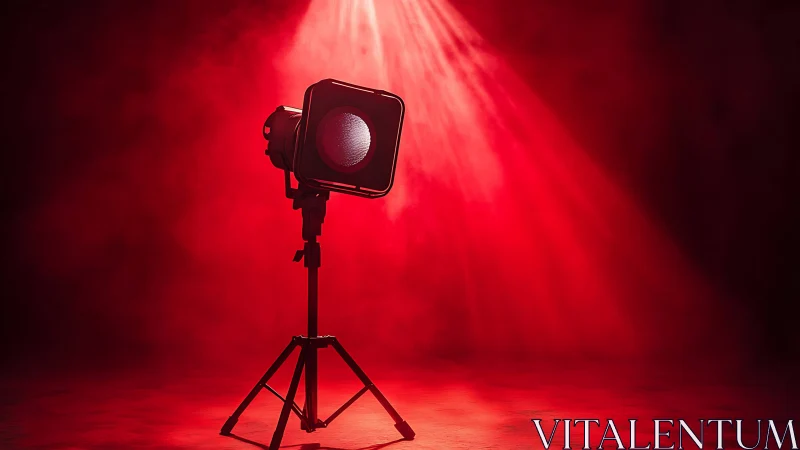 Studio spotlight cuts through dense atmospheric red haze.