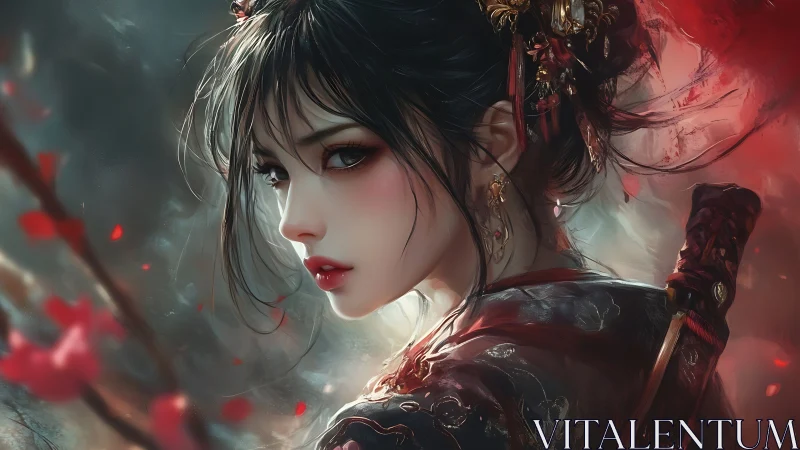 Warrior maiden gazes back amid swirling crimson petals.