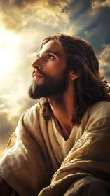 Photorealistic devotional portrait under radiant celestial light.