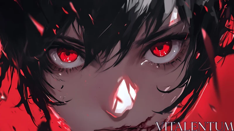 Intense red-eyed portrait in high-contrast anime close-up.