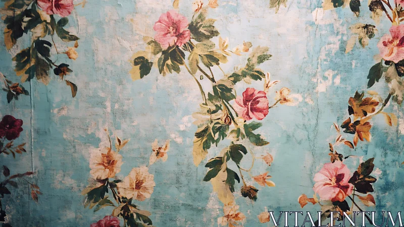 Weathered sky-blue wall drifting with vintage painted blooms.