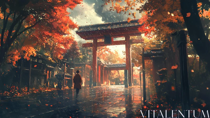 Autumn rain over torii gates in tranquil temple path scene.