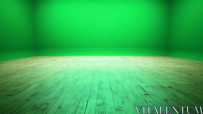 Empty interior with wooden floor and bright green backdrop wall.