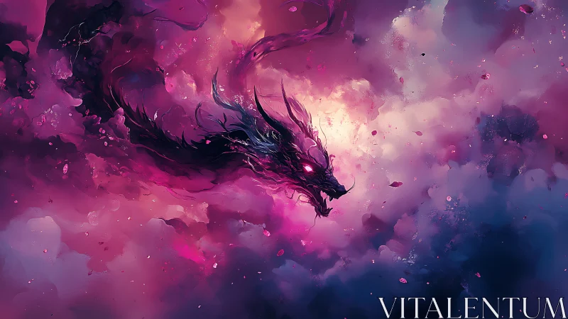 Celestial void dragon emerging through glowing violet storm.