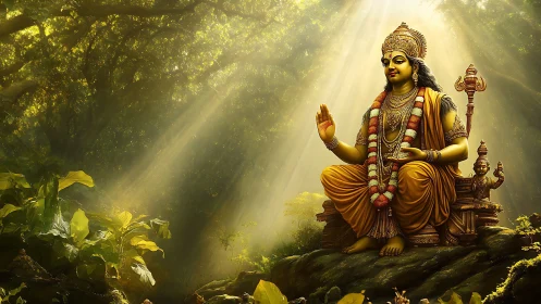Seated Hindu deity statue in forest clearing with light rays.