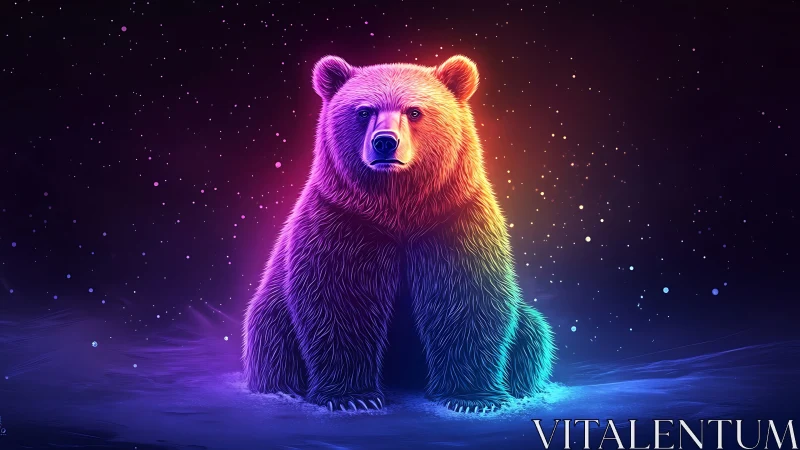 Neon-lit bear sits in glowing cosmic snowfield at night.