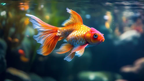 Graceful goldfish glides through calm, glowing aquarium water