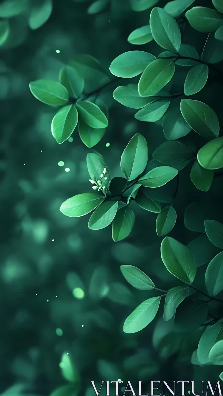 Lush green leaves glow softly in dreamy forest light