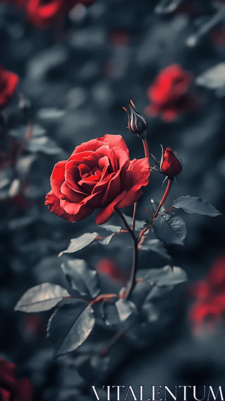 Red Rose Bloom in Moody Garden Setting