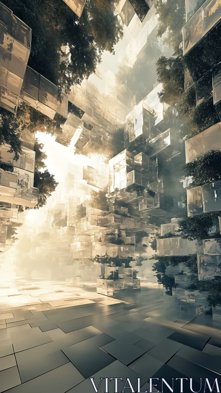 Sunlit glass forest city growing inside a quiet dreamscape.