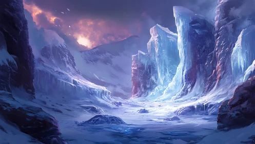 Glacial canyon breathes cold fire beneath bruised twilight skies