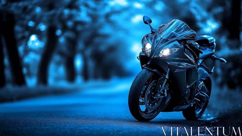Night road welcomes a sleek sport motorcycle glowing softly