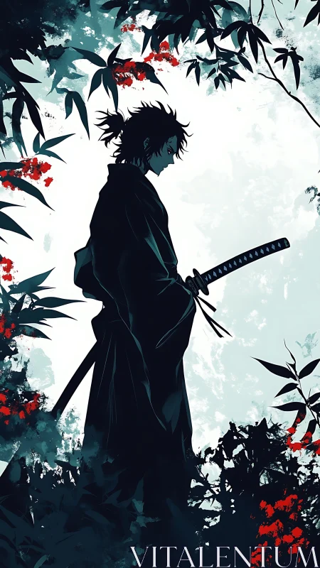 Lone samurai stands in moonlit garden of crimson blossoms