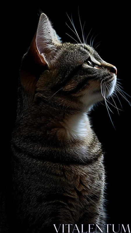 Tabby Cat Gazing Upward Against Black Void.