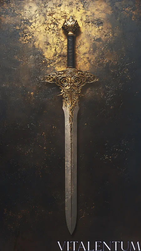 Ornate gold-embellished longsword displayed on oxidized wall