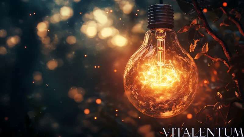 Digital painting of glowing bulb in botanical twilight frame.