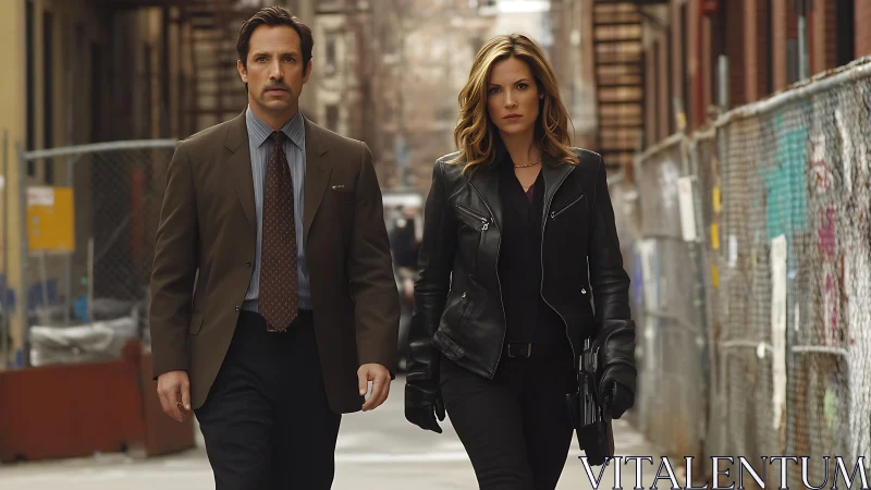 Urban detectives stride through gritty chain-link alleyway.