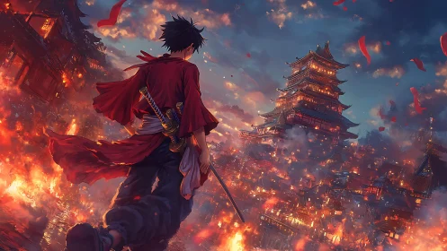 Lone swordsman confronts a burning samurai citadel at dusk