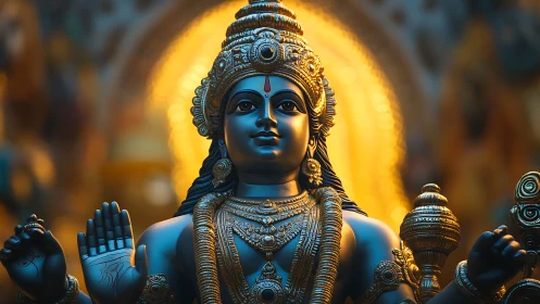 Radiant blue deity bathed in warm golden temple light.