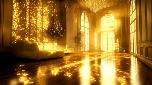 Golden palace lounge flooded with luminous sunset light.