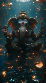 Underwater luminescent Ganesha idol with golden floral particles
