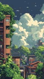 Pixel-rendered urban hillside where dense foliage reclaims brick towers