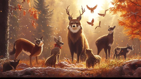 Woodland council gathers beneath ember-gold autumn light.