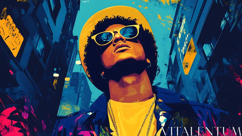 Stylized portrait of person in city street perspective.