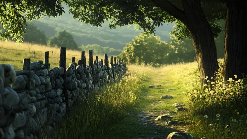 Rural path beside stone wall in soft afternoon light.