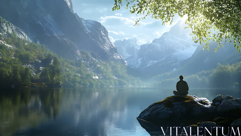 Solitary figure meditating by alpine lake in hyperreal light